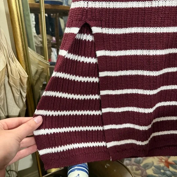 Merokeety Maroon and White Stripe Long Sleeve Sweater Dress with Collar - Picture 5 of 7